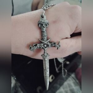 Silver Skull Sword Pendant Necklace